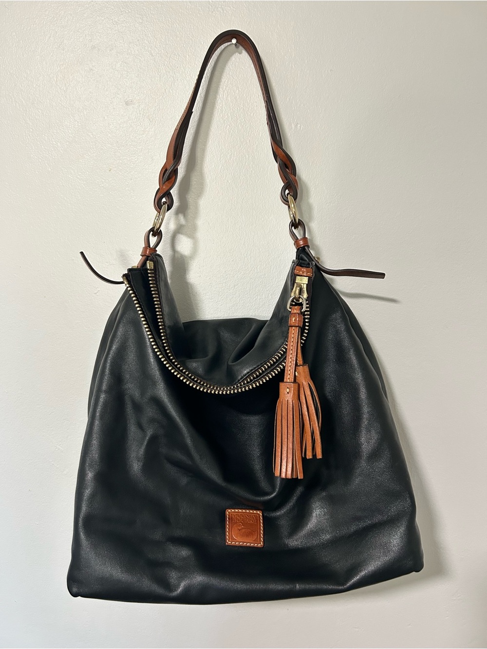 Dooney & Bourke Black Leather Slouch Hobo Shoulder Bag Tassel Trim Large
